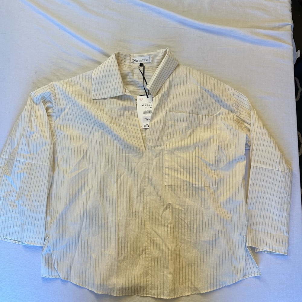 Women’s Zara Pinstripe Cotton Shirt, XL, NWT, Bought in Paris